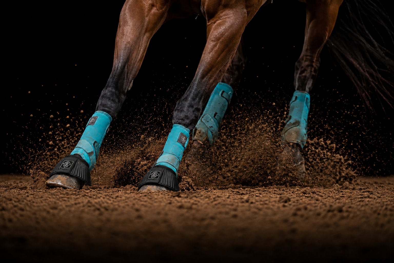 Barrel racing horse with turquoise sport boots kicking up arena dirt